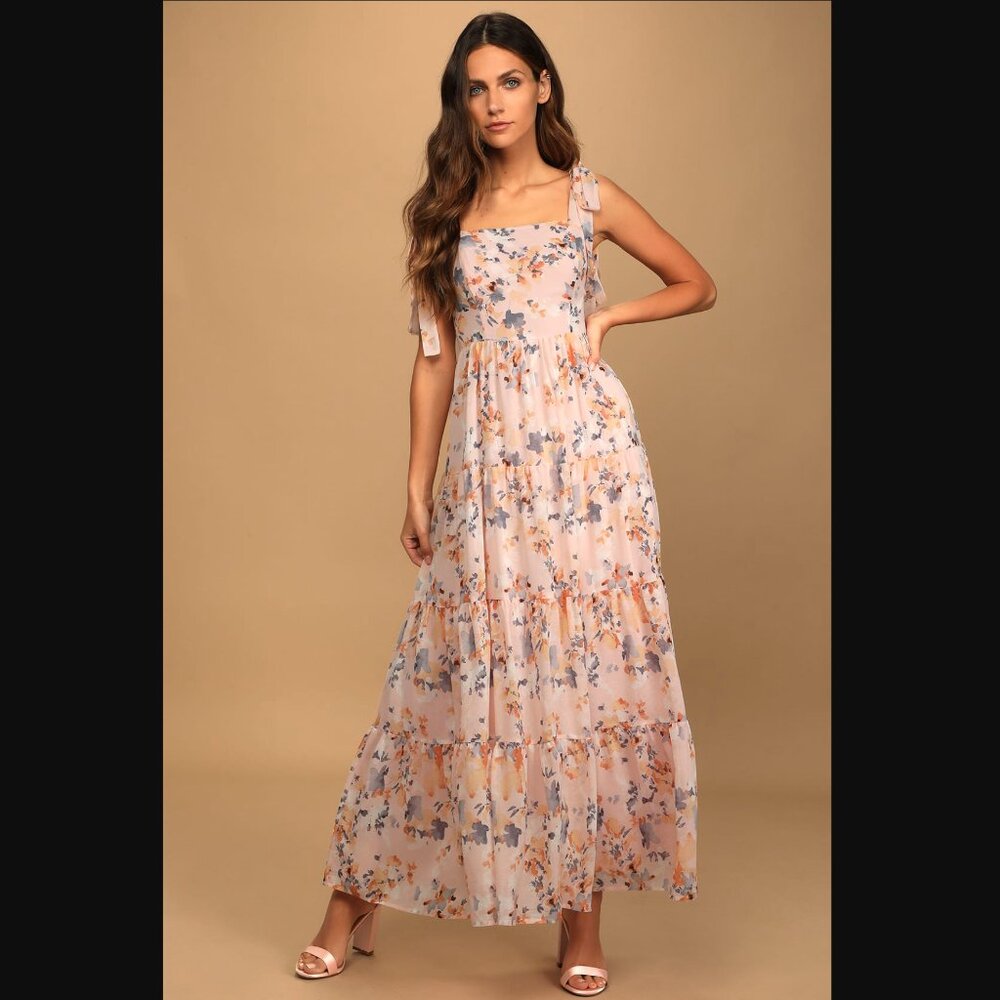 Lulus - All Admiration Pink Floral Print Tie-Strap Tiered Maxi Dress - Size S